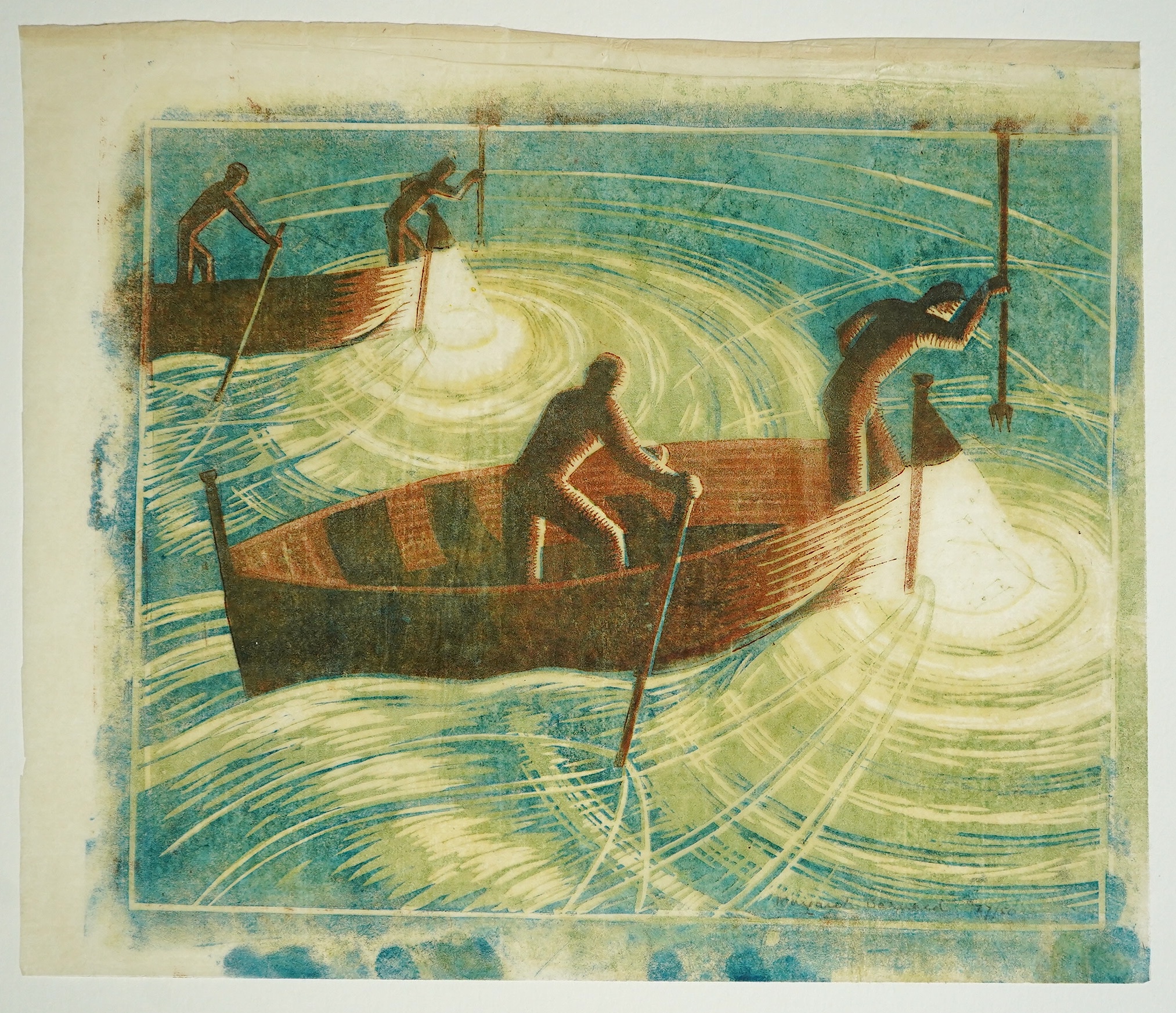 Margaret Helen Barnard (British, 1900-1992), Night Fishing, linoleum cut printed in colours on tissue-thin oriental laid paper, 22 x 27cm